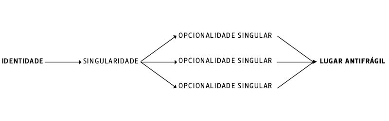Diagrama mostrando que identidade leva à singularidade, que se desdobra em múltiplas opcionalidades singulares, resultando em um lugar antifrágil.