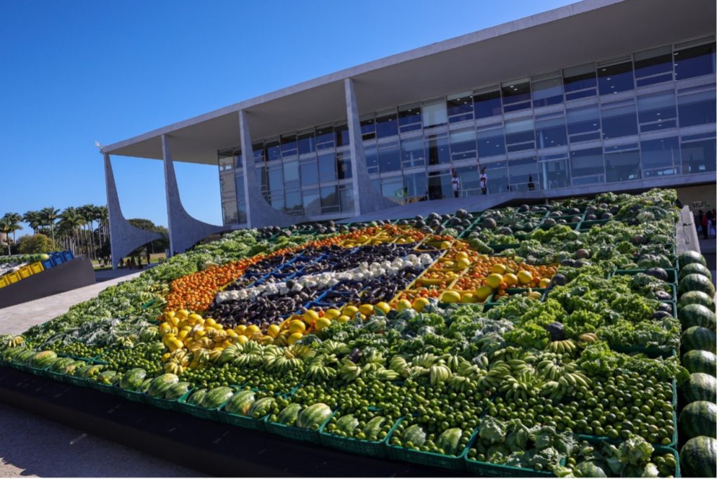 Bandeira do Brasil formada com frutas e hortaliças em frente ao Palácio do Planalto, em Brasília.