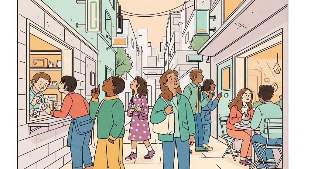 Ilustração de uma rua ativa com pessoas interagindo, consumindo em comércios locais e ocupando o espaço público de forma vibrante.