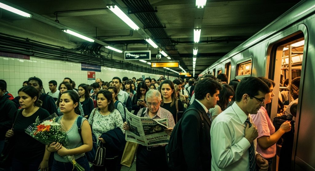 Plataforma de metrô lotada com pessoas embarcando e desembarcando em horário de pico, refletindo a rotina urbana e os fluxos metropolitanos.