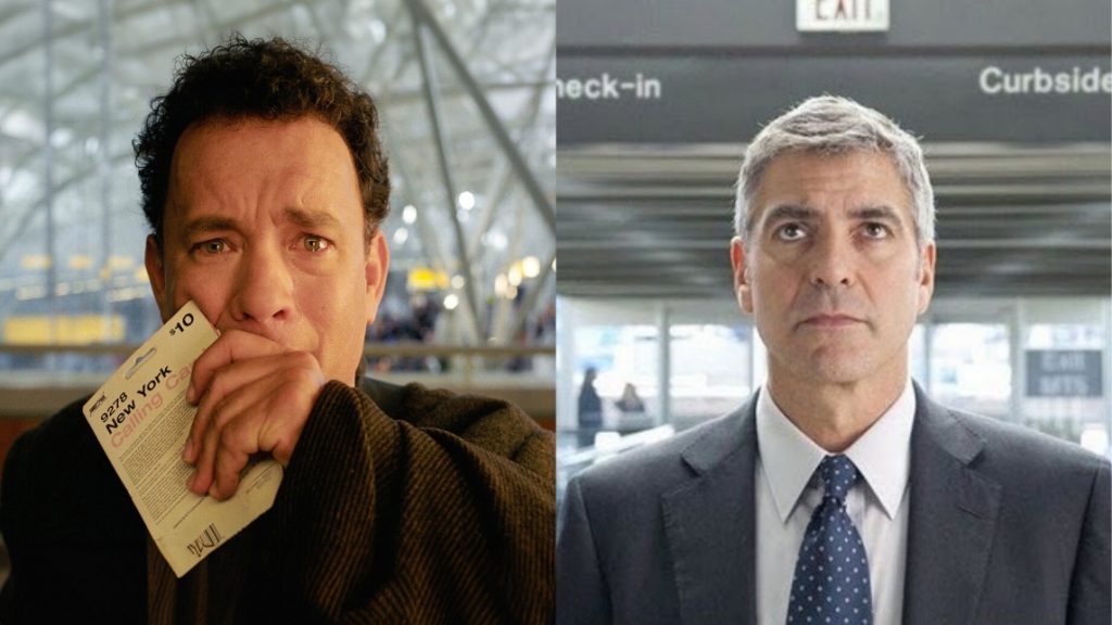 Montagem com cenas dos filmes “O Terminal” (Tom Hanks segurando passagem no aeroporto) e “Amor sem Escalas” (George Clooney em saguão de check-in).